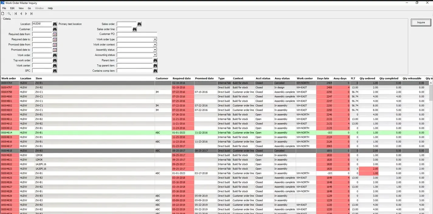 Work Order Master Inquiry